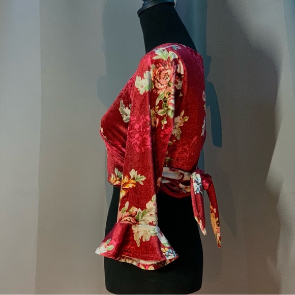 Forever 21 Velvet Floral Crop Top Surplice Deep Vneck Ballet Wrap Tie Waist - Picture 2 of 9